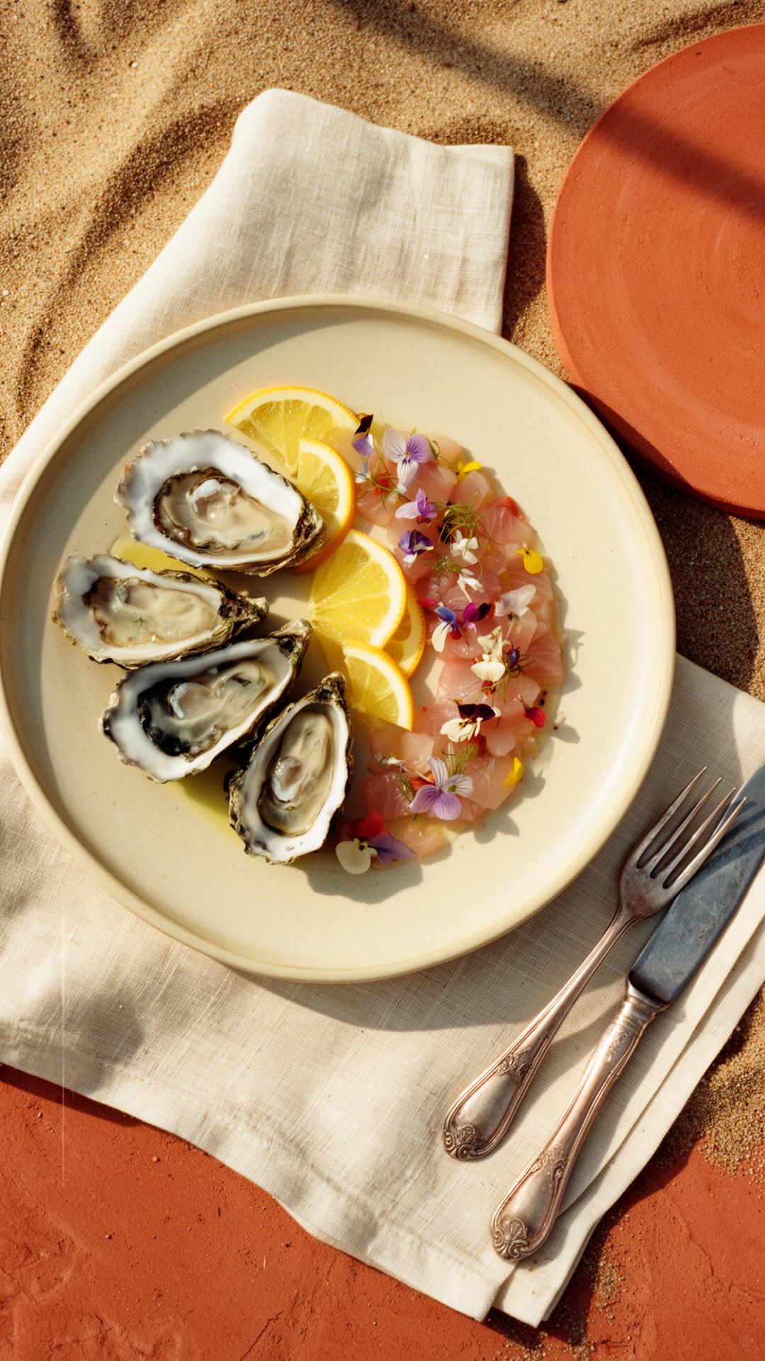 Oysters and kingfish crudo